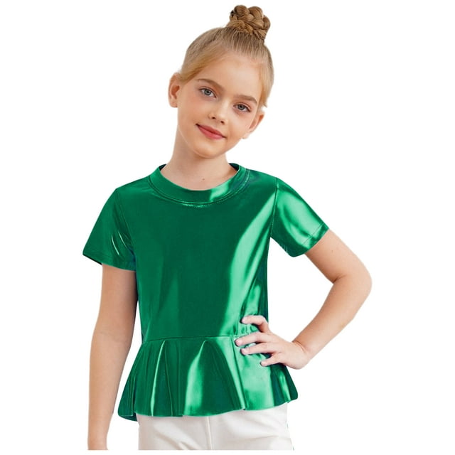 Moggemol Children Girls Festival Party Ruffle Crop Tops Shiny Metallic Layered Tee Jazz Hip Hop Green 150