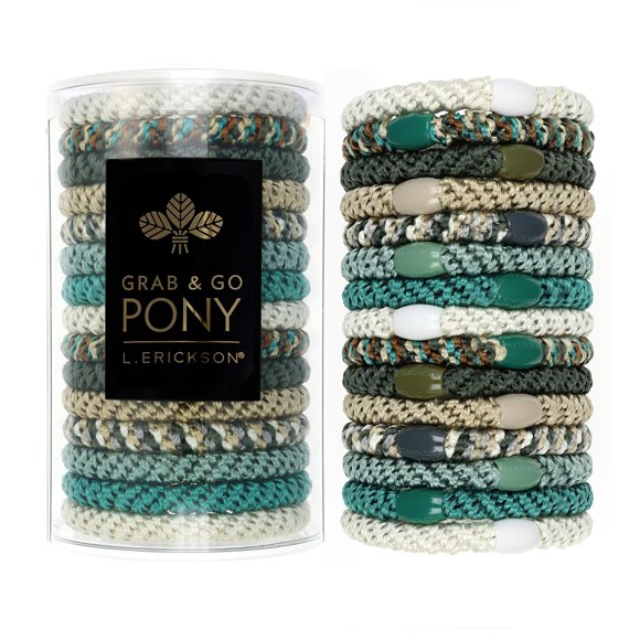 L. Erickson Grab & Go Pony Tube - Mezcla verde musgo y beige - Paquete de 15 coleteros para el cabello