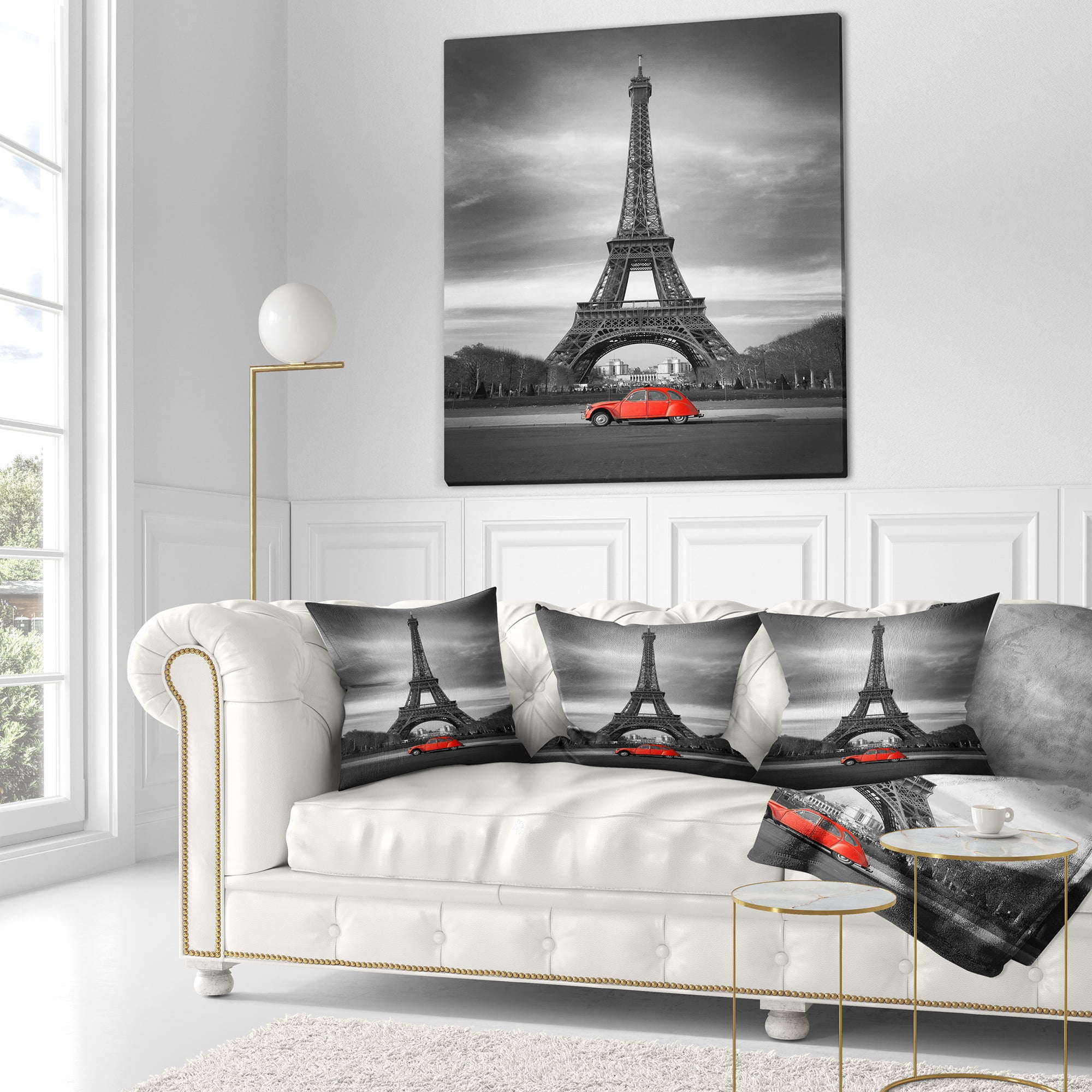 Designart Eiffel and Old Red Car - Landscape Printed Throw Pillow - 16x16