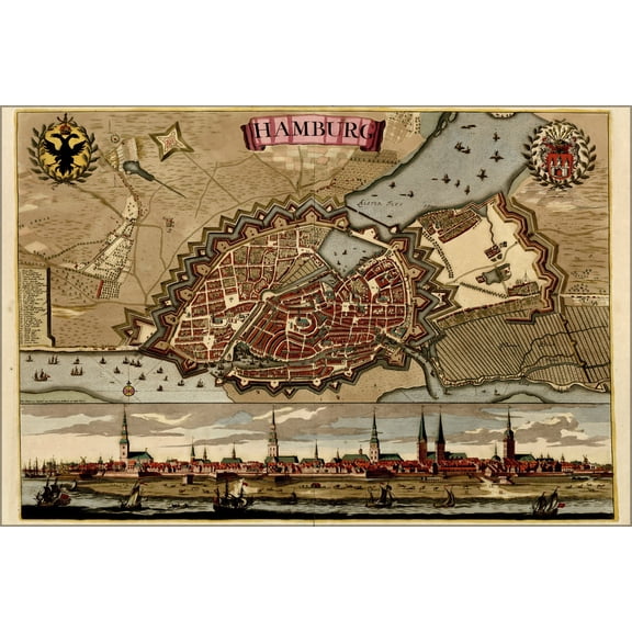 24"x36" Gallery Poster, map of hamburg germany 1709