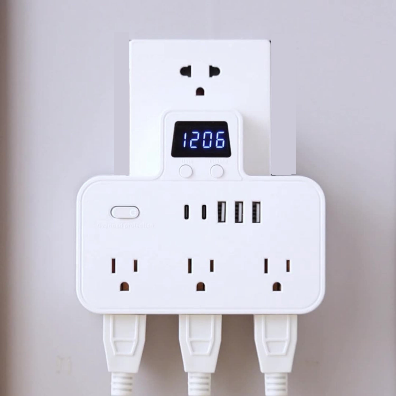 BEISHINK Comes With a Digital Clock Socket Extender, 6 Socket Surge Protectors, and 3 USB-A Ports (3 USB C) Wall Chargers, Suitable for Power Boards in Homes, Offices, and Dormitories
