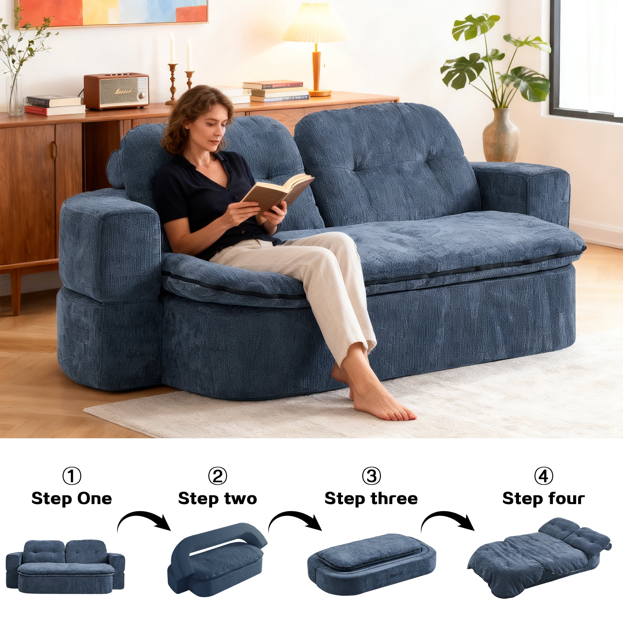 Sleeper Sofa Bed with 2 Pillows,Corduroy Convertible Futon Sleeper Sofa Couch,Modern Floor Sofa Bed,Folding Mattress for Living Room,Small Spaces,Dark Blue