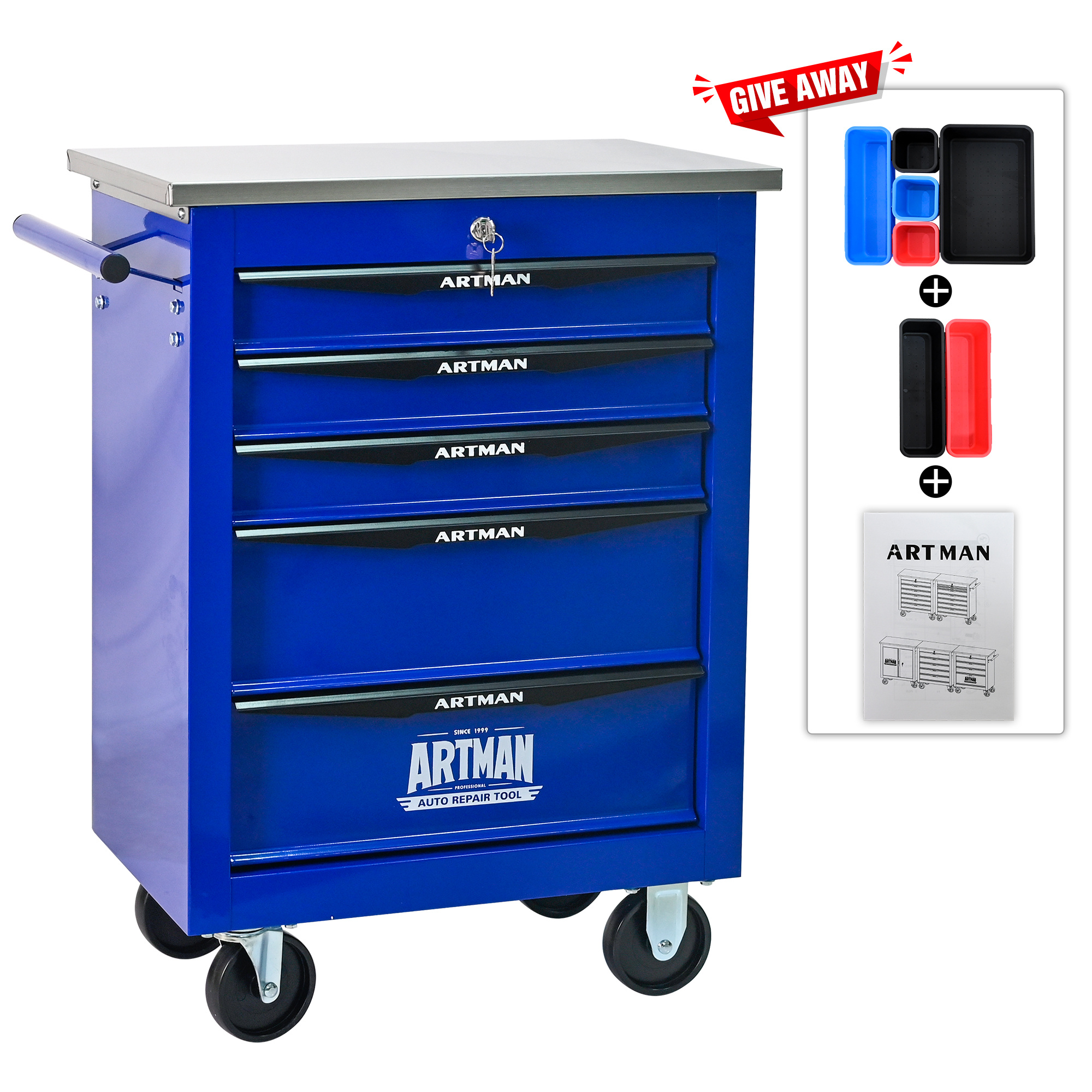 Aukfa Tool Box 5-Drawer Rolling Tool Chest Combination Workbench for Workshop Garage, Blue