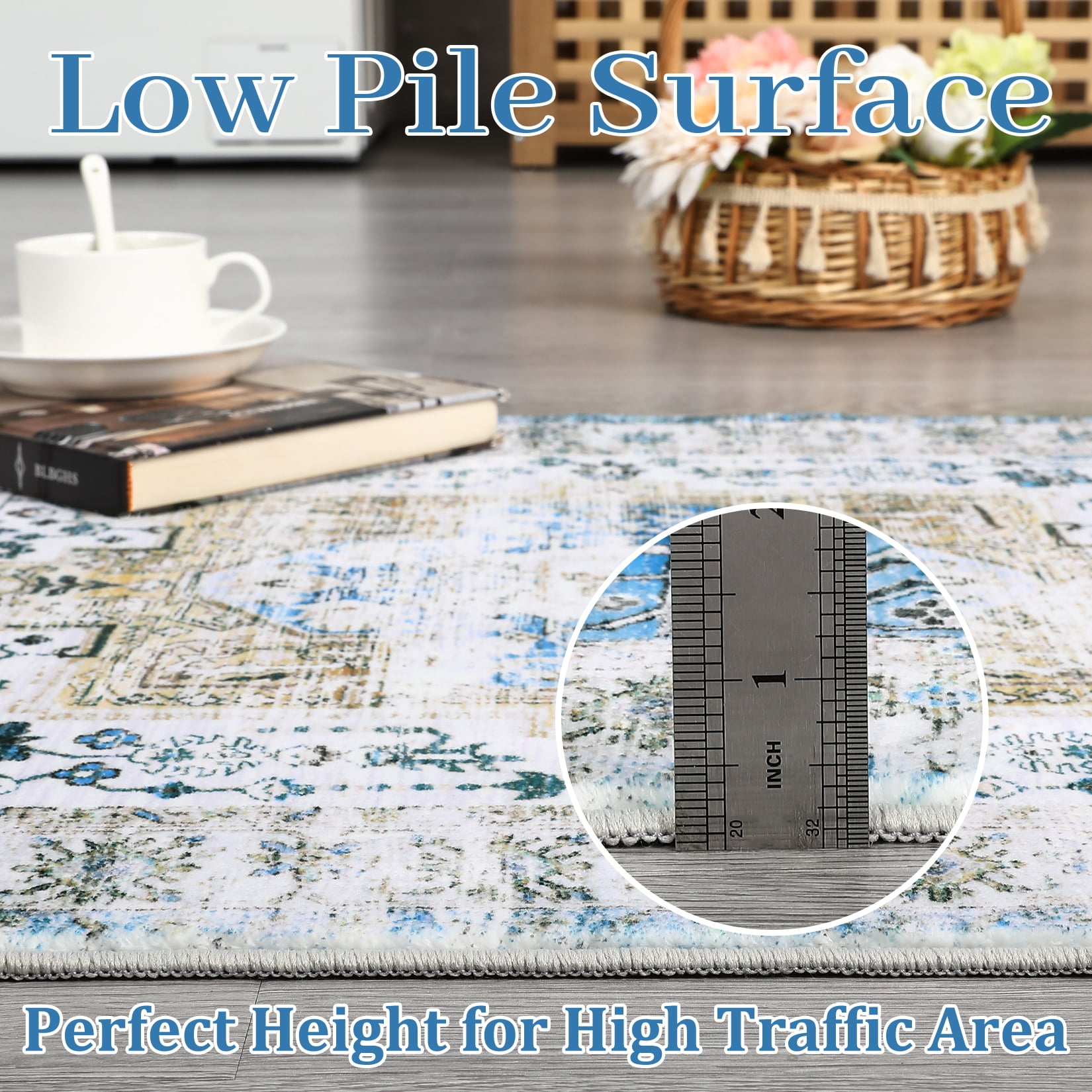 Hasoo Large 9' x 12' Vintage Area Rug for Living Room Bedroom Washable Floral Carpet, Blue