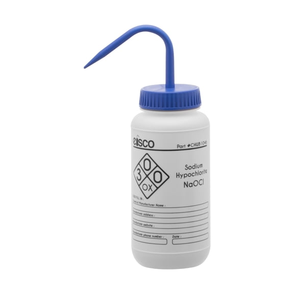 Wash Bottle for Sodium Hypochlorite (Bleach), 500ml - Labeled Chemical Information & Safety Information (1 Color) - Wide Mouth, Self Venting, Low Density Polyethylene - Performance Plastics by Labs
