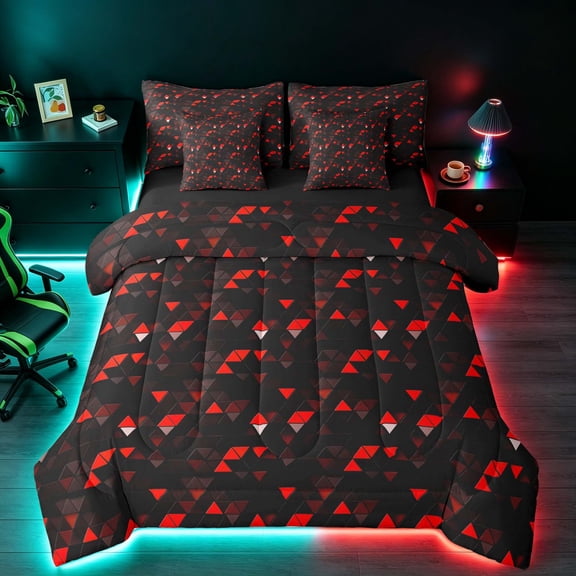 Manfei 3D Triangle Twin Bedding, Geometric Black Red Bedding Comforter Set, Black Reversible 7 Pieces