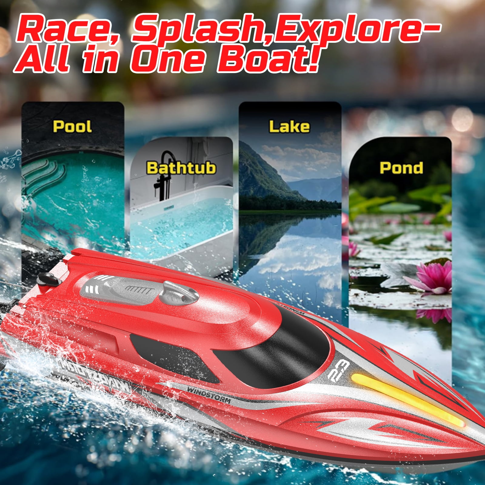 JoyStone 20+ mph RC Boat for Pool & Lakes, 14 inch Remote Control Boat with LED Lights, 2 Batteries 40Mins, Pool Toys for Adults & Kids (Red)