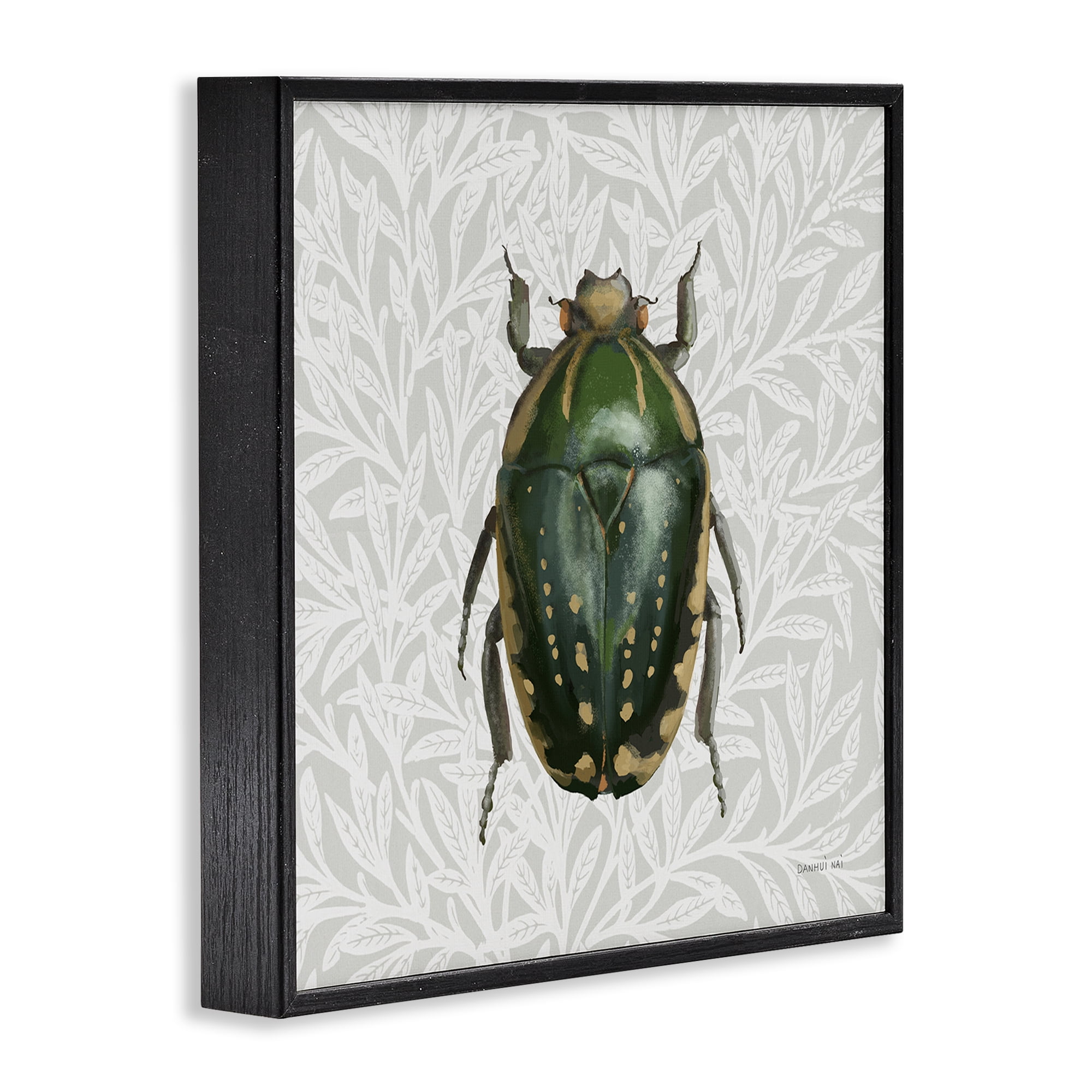 Stupell Industries Beetle with Botanical Pattern Animals & Insects Painting Black Framed Art Print Wall Art, 17 x 17