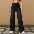 thumbnail image 3 of Pantalones de mujer de cintura alta y pierna ancha - Detalle de botones metálicos, tejido lavado, para el día a día/vacaciones, poliéster, lavables a máquina, 3 of 6