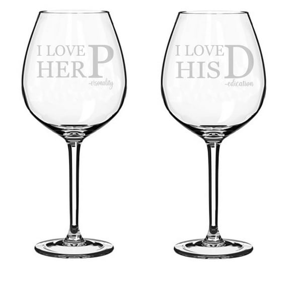 Set of 2 Wine Glass Goblet Gift I Love Her P I Love His D Funny For Couple Anniversary Engagement Wedding (20 oz Jumbo)