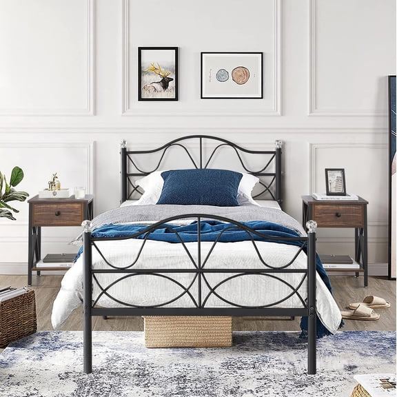 VECELO 3-Piece Twin Size Bedroom Sets Metal Bed Frame and 2 Brown Nightstands
