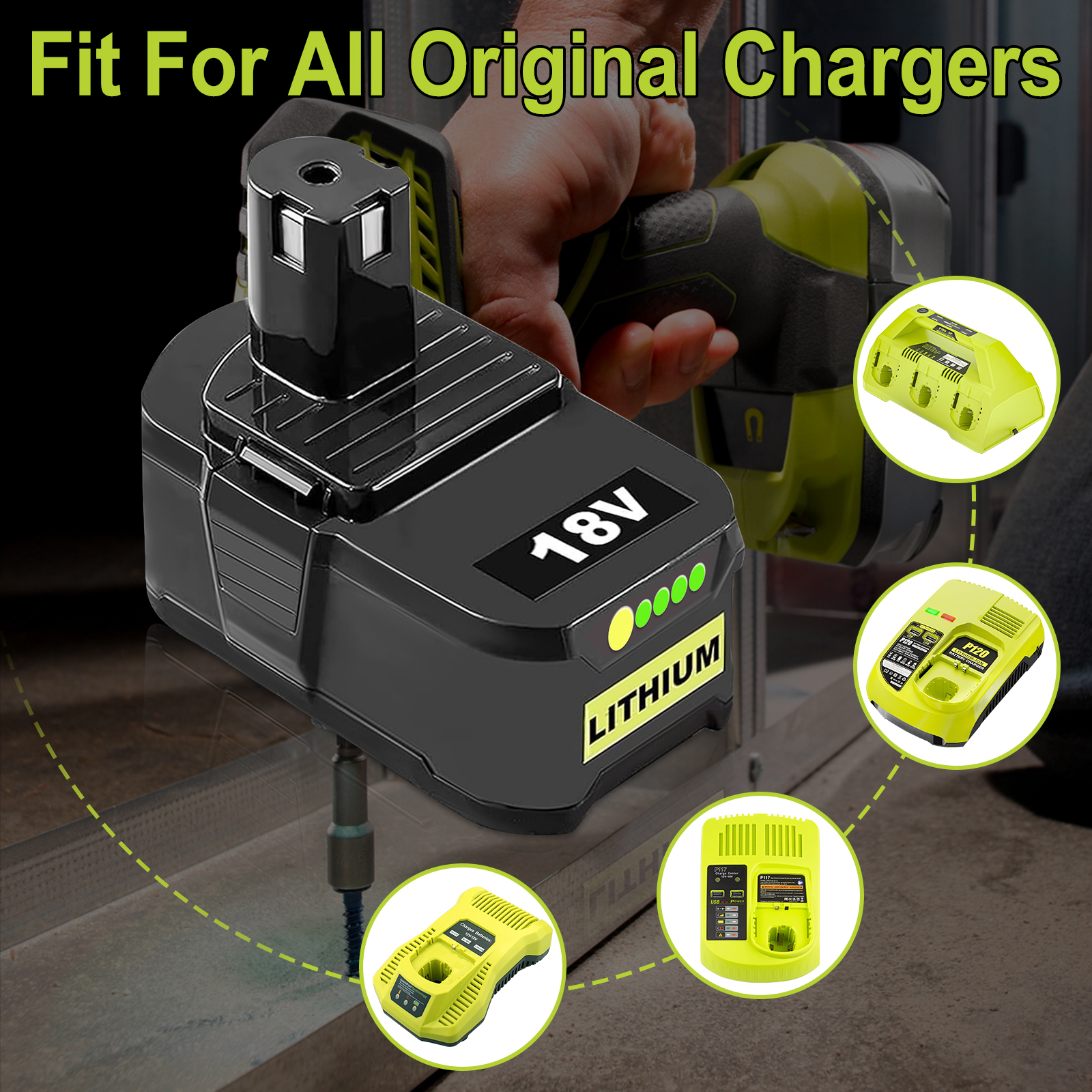 4 Pack 8.0Ah Battery Fits for Ryobi Battery Replacement for Ryobi 18V Battery Compatible with Ryobi Battery 18V P102 P103 P104 P105 P107 P108 P109 P190 P122,Long Runtime & Fast Charging