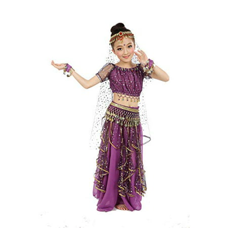 Girls Belly Dance Top Skirt Set Halloween Costume with Head Veil,Waist Chain,Purple,L(Height: 51.2in-57.1in)