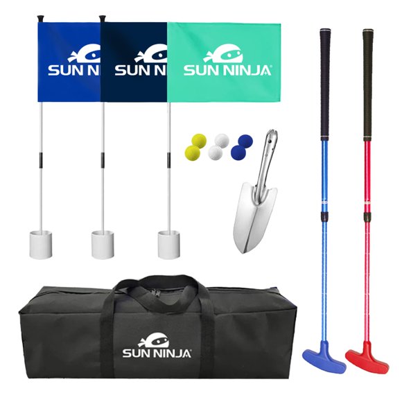 SUN NINJA Ensemble de Golf de Plage pour Jeu à Marée Basse, Mini-Golf Portable et Facile à Installer avec 2 Putters Ajustables, 3 Tasses et Drapeaux, 6 Balles de Golf, un Sac de Transport et une Pelle