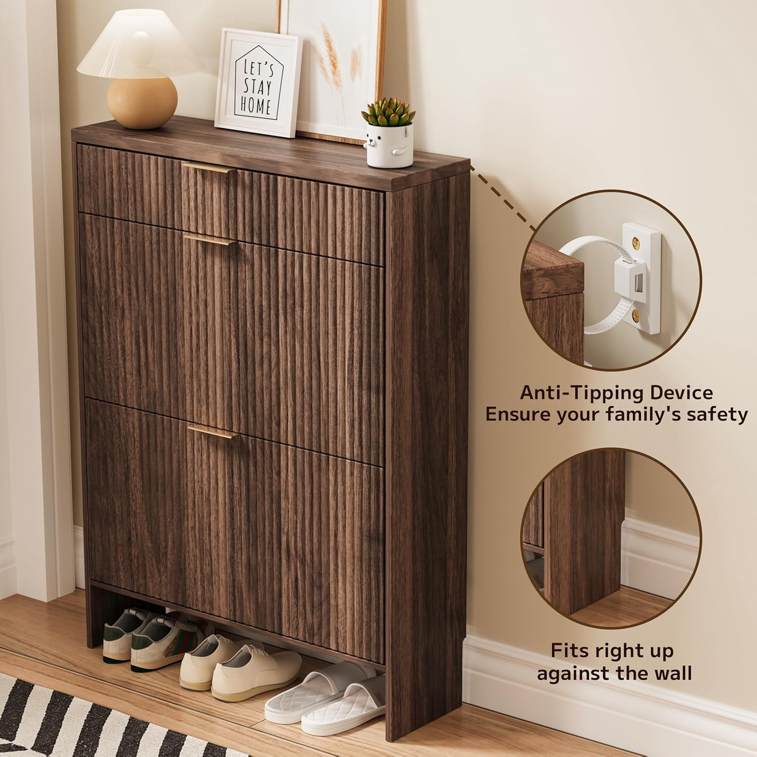 Howcool Fluted Entryway Shoe Cabinet with 2 Flip Drawers, Wood Narrow Freestanding Shoe Storage, Walnut