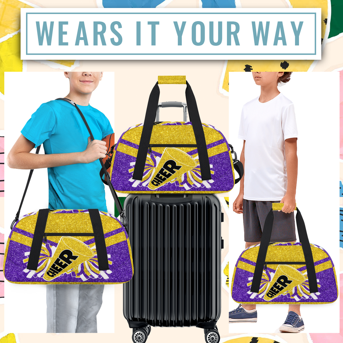 Herdesigns Cheer Bags Overnight Duffel Bags Cheerleading Purple Gold Sport Gym Bag Travel Bag Travel Waterproof Weekender Bag Carry On Travel Tote Bag Dance Bags