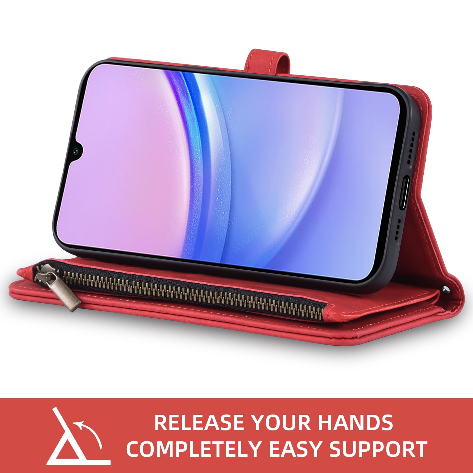 Asuwish Phone Case for Samsung Galaxy A15 5G/4G Wallet Cover With Tempered Glass Screen Protector Crossbody Wrist Strap Flip Pattern Zipper Credit Card Holder Stand Cell A 15 G5 15A Women Men Red
