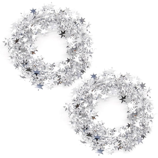 Paquete de 2 guirnaldas de oropel de estrella de Navidad, guirnaldas de alambre de estrella, decoración de fiesta de árbol de Navidad, adorno festivo de 25 pies x 2 (plata) Adepaton CJWUS-2699