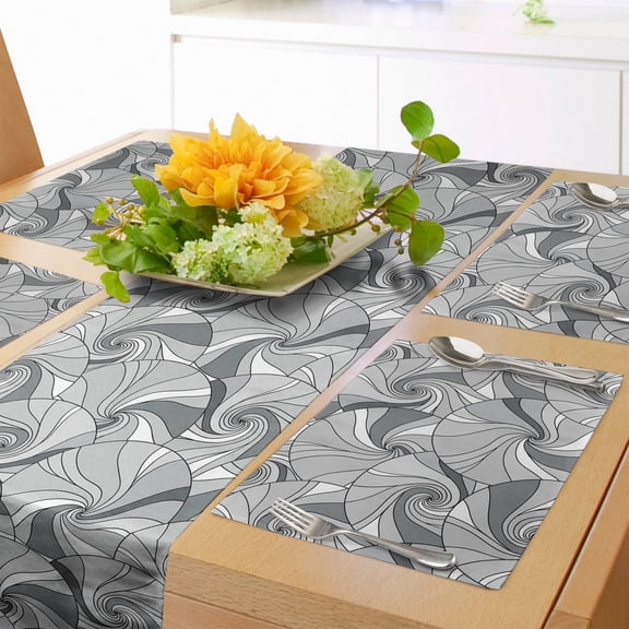 Ambesonne Geometric Table Runner & Placemats, Doodle Circle Stripes, Placemat 4 pcs Runner 12"x72", Grey and Pale Grey