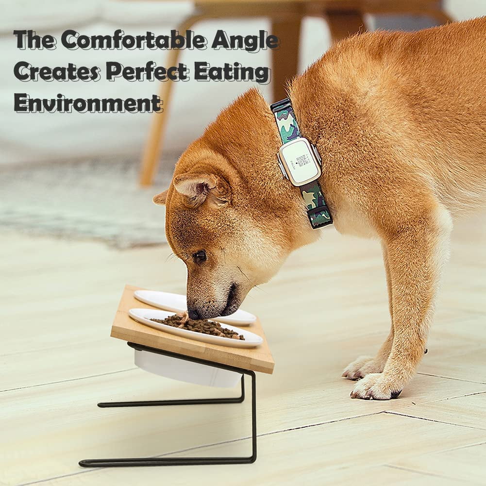 Pet Daily Kit Ceramic bowls elevated for Pets, Solid bamboo Water stand feeder