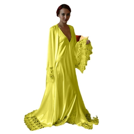 

Fueri Women Fashion Satin Bridal Robe Wedding Bridal Trousseau Sleepwear Lace Wedding Lingerie Dressing Gown Deep V Neck Long Sleeve Nightgowns Pajamas Dress