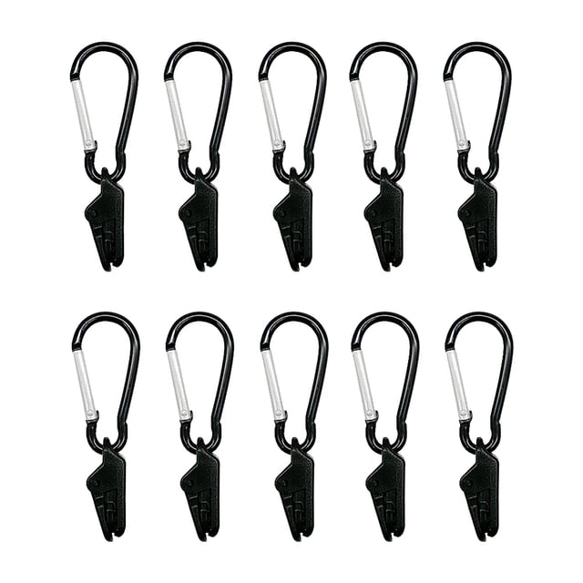 abrazadera de fijación de toldo con mosquetón ganchos colgantes para parrilla al aire libre y camping 10 uds. Diez mosquetones negros en D con barra metálica plateada y clip de ABS/aleación negro para sujetar toldos, lonas o accesorios; disposición frontal sobre fondo blanco en dos filas. También adecuados como sujetadores de utensilios ligeros para camping.