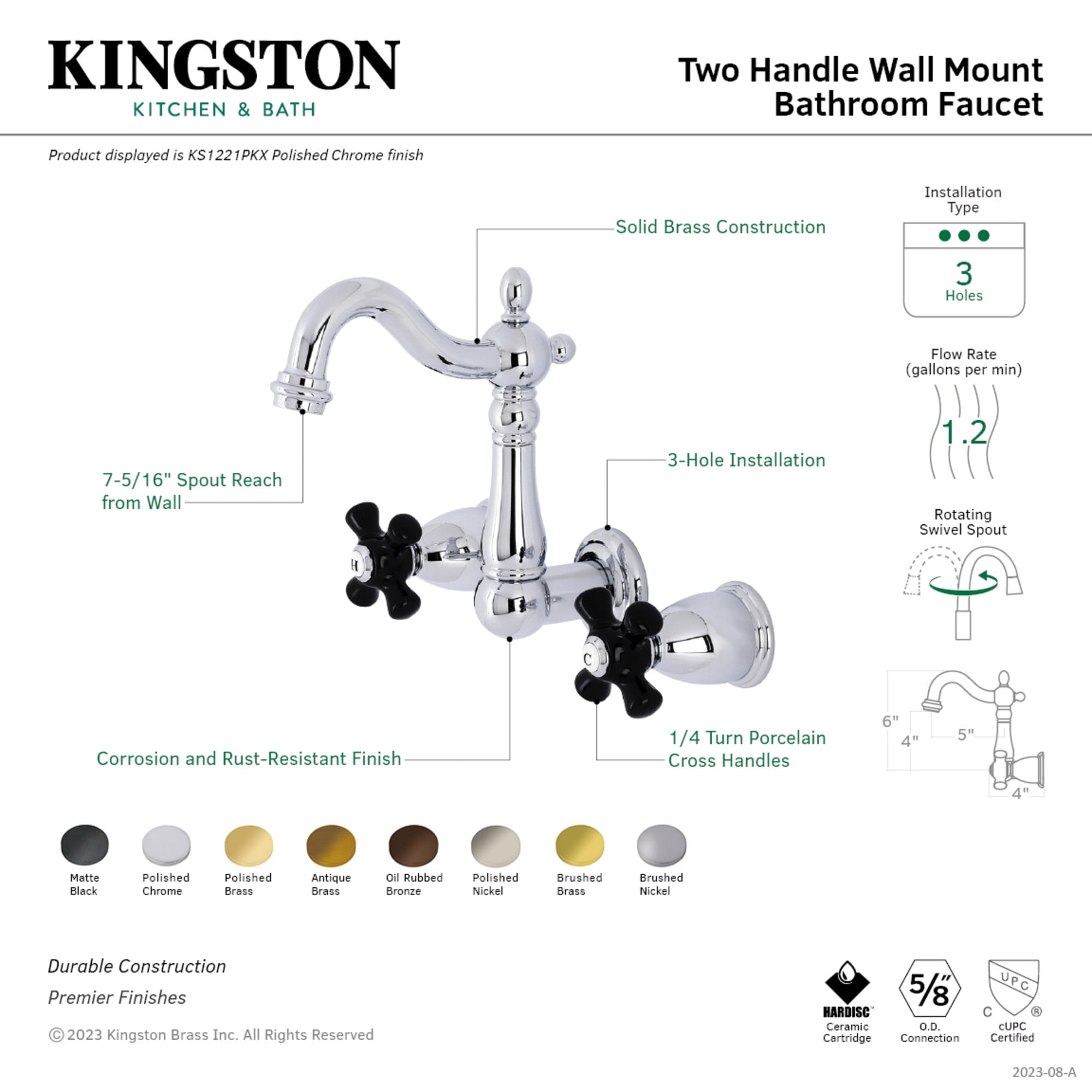 Kingston Brass KS1227PKX Duchess Double-Handle Wall Mount Bathroom Faucet, Brushed Brass