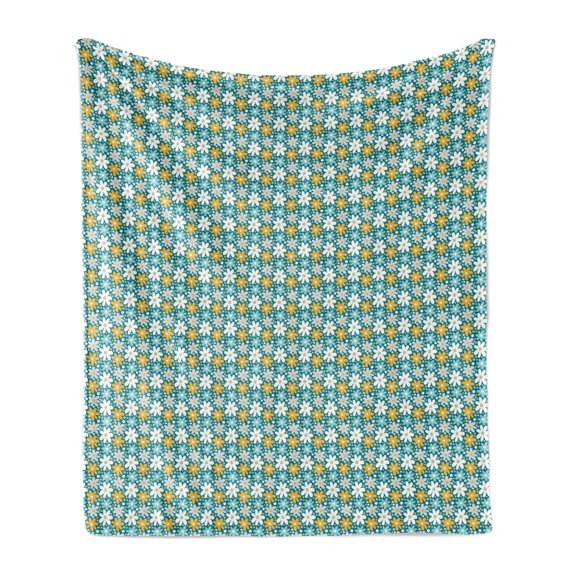 Spring Soft Flannel Fleece Throw Blanket, Gardening Petals Daisy Flowers Field Chamomile Bouquets Blossoms Motif, Cozy Plush for Indoor and Outdoor Use, 50" x 60", Teal Pale Blue Orange, by Ambesonne