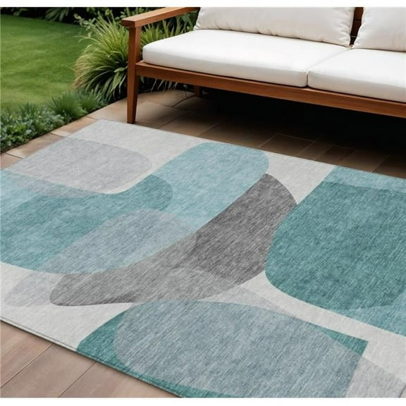 HomeRoots 632188 8 x 10 ft. Teal Blue & Gray Abstract Washable Indoor & Outdoor Rectangle Area Rug