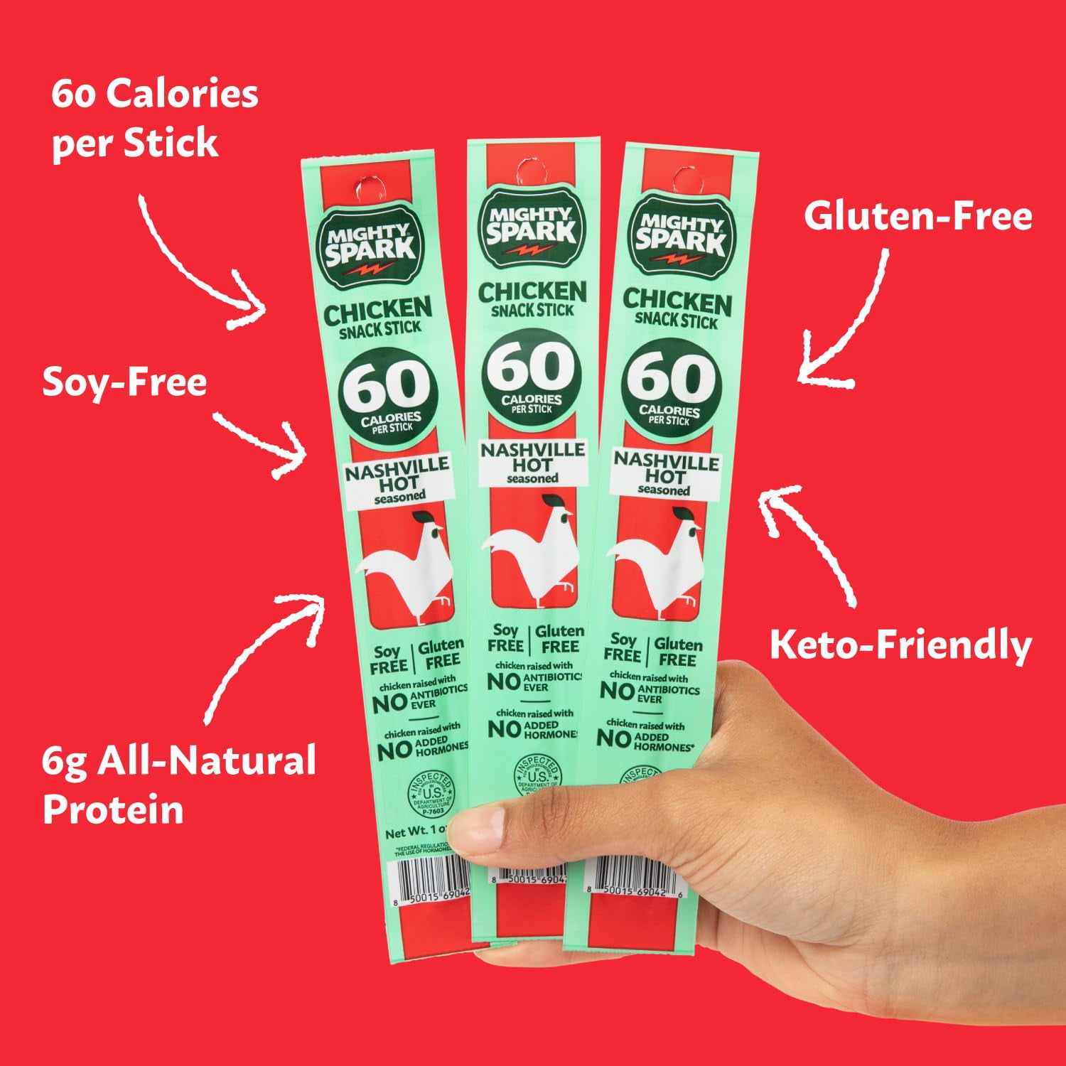 Mighty Spark Chicken Sticks Nashville Hot - Healthy Snacks for Kids & Adults, Gluten Free, Soy Free, Keto-Friendly, 12 count - Weight Watchers Approved