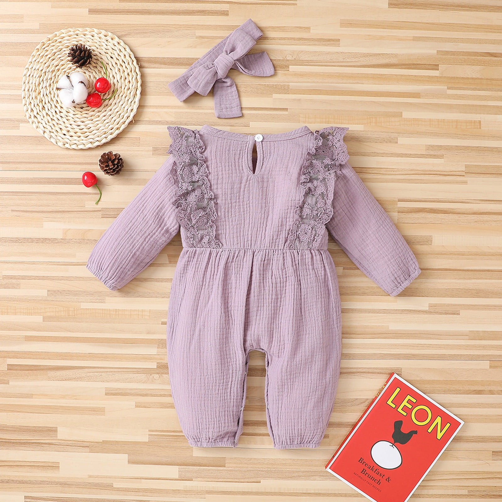 jovati Baby Girl Clothes Fall Newborn Infant Baby Girl Cotton Linen Romper Lace Bow Piece Jumpsuit Clothes