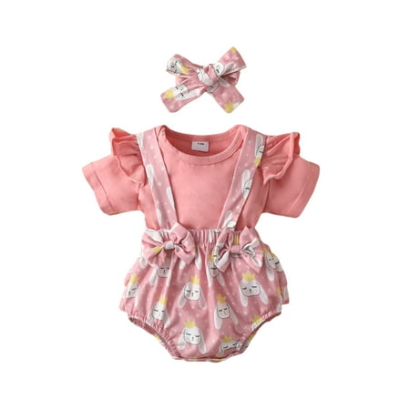 

Arvbitana 0-24 Months Newborn Infant Baby Girl Easter Outfits Ruffle T-Shirt Tops Bunny Strap Shorts Headband Summer Clothes Set Pink