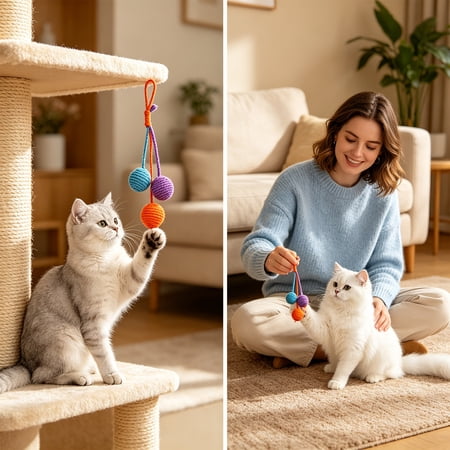 3 Color Hanging Braided Rope Ball Cat Toy Adjustable Polyester Cotton Hanging Cage Chew Toy Durable Teething Play Toy for Indoor Kittens Adult Cats Small Dogs Relieve Boredom & Separation Anxiety