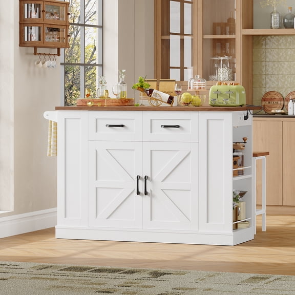 Homfa 47.2'' Kitchen Island with Drop Leaf and Charging Station, Portable Kitchen Island with Storage and 2 Seating, White Rolling Cart with Wheels for Kitchen, Dining Table for 2