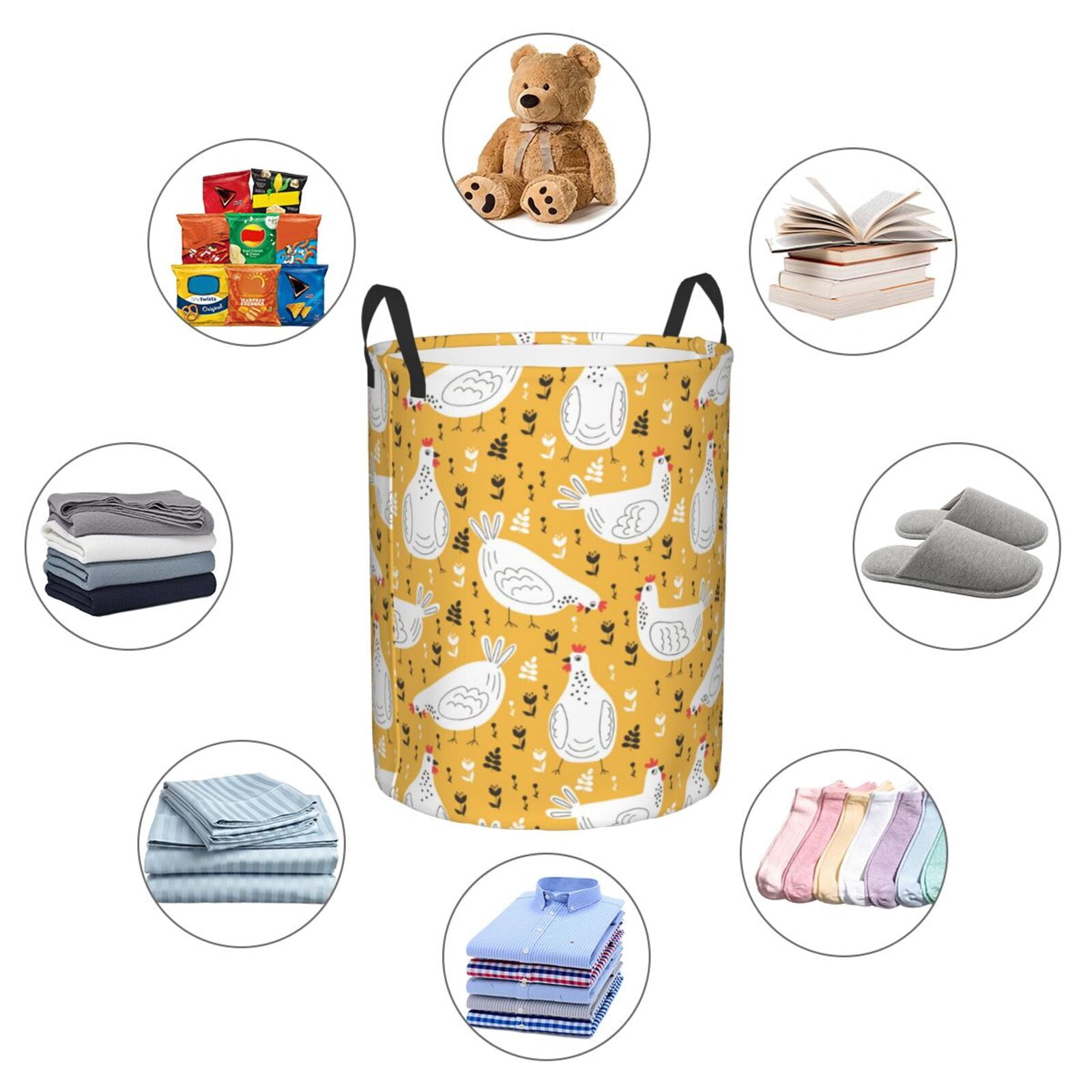 Large Laundry Basket with Handles - Rustic Lines Funny Chicken Yellow Kids Baby Dirty Clothes Laundry Hamper for Bedroom Aesthetic