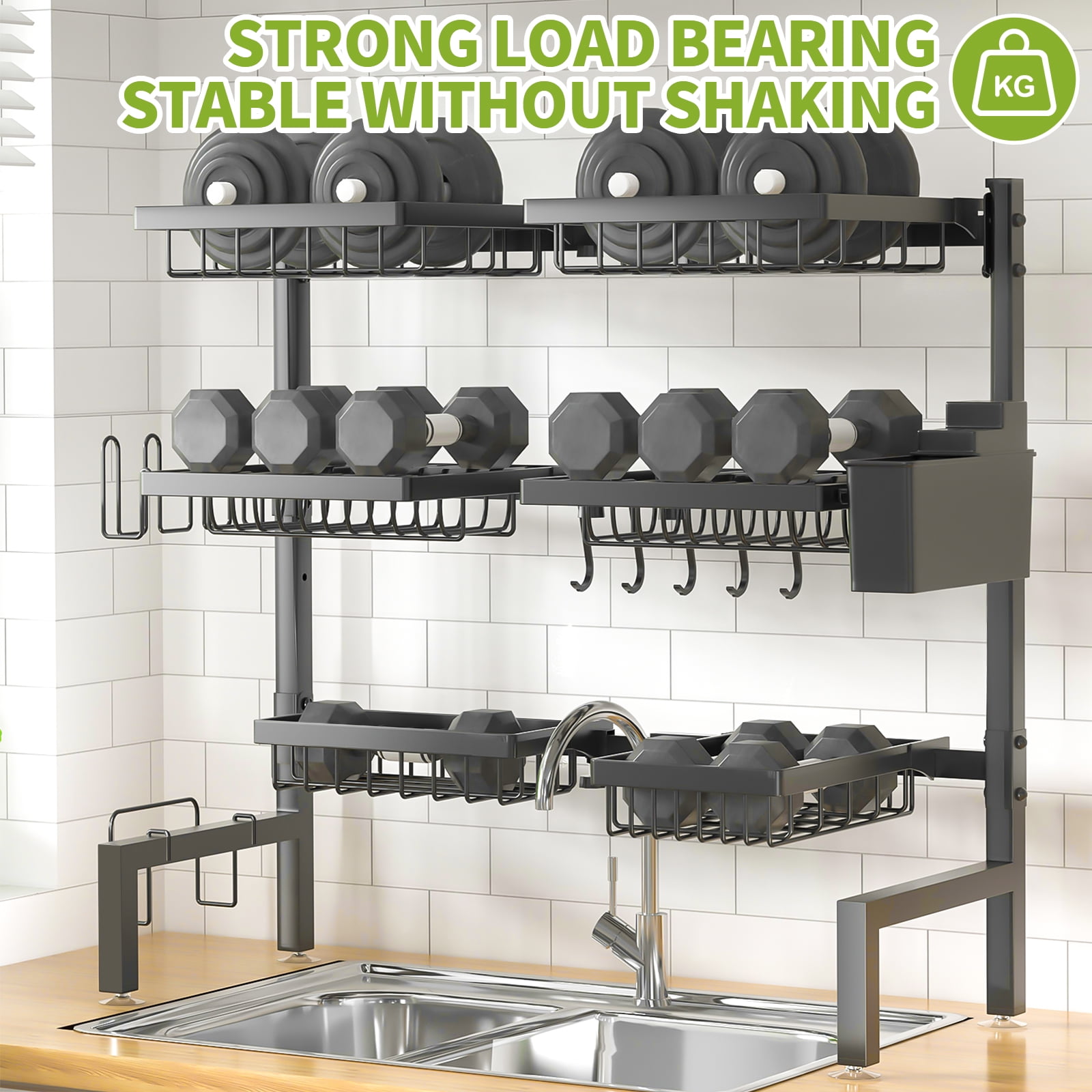 Over The Sink Dish Drying Rack, 24.8"-35.4" Expandable Length & Height,3-Tiers Large Dish Drying Rack Stainless Steel Dish Racks for Kitchen Counter
