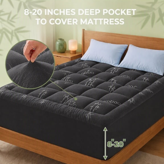 Cooling Bamboo Quilted Mattress Topper, Deep Pocket 360° Fitted Noiseless Bed Pad for Home & Dorm（Gray,Twin)