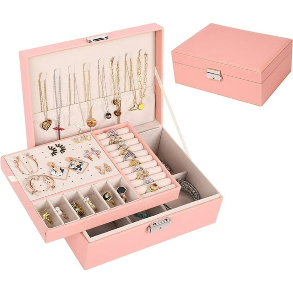 LQQBOX Jewelry Box for Women: PU Leather with Lock 2 Layer Portable Jewelry Organizer and Box Storage Case Necklaces Bracelets Rings Earring Holder Pink