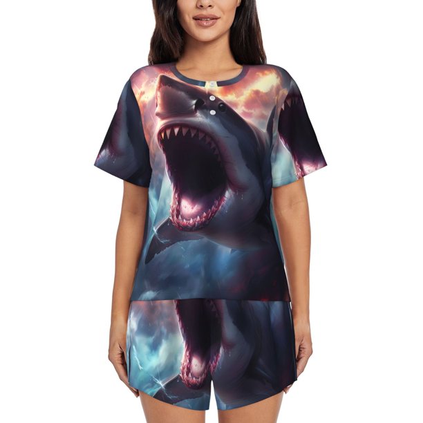 Fotbe Dramatic Shark Attack Conjunto de Pijama Estampado para Mujer, 2 Piezas, Ropa de Dormir con Camiseta de Manga Corta y Shorts Suaves-Small
