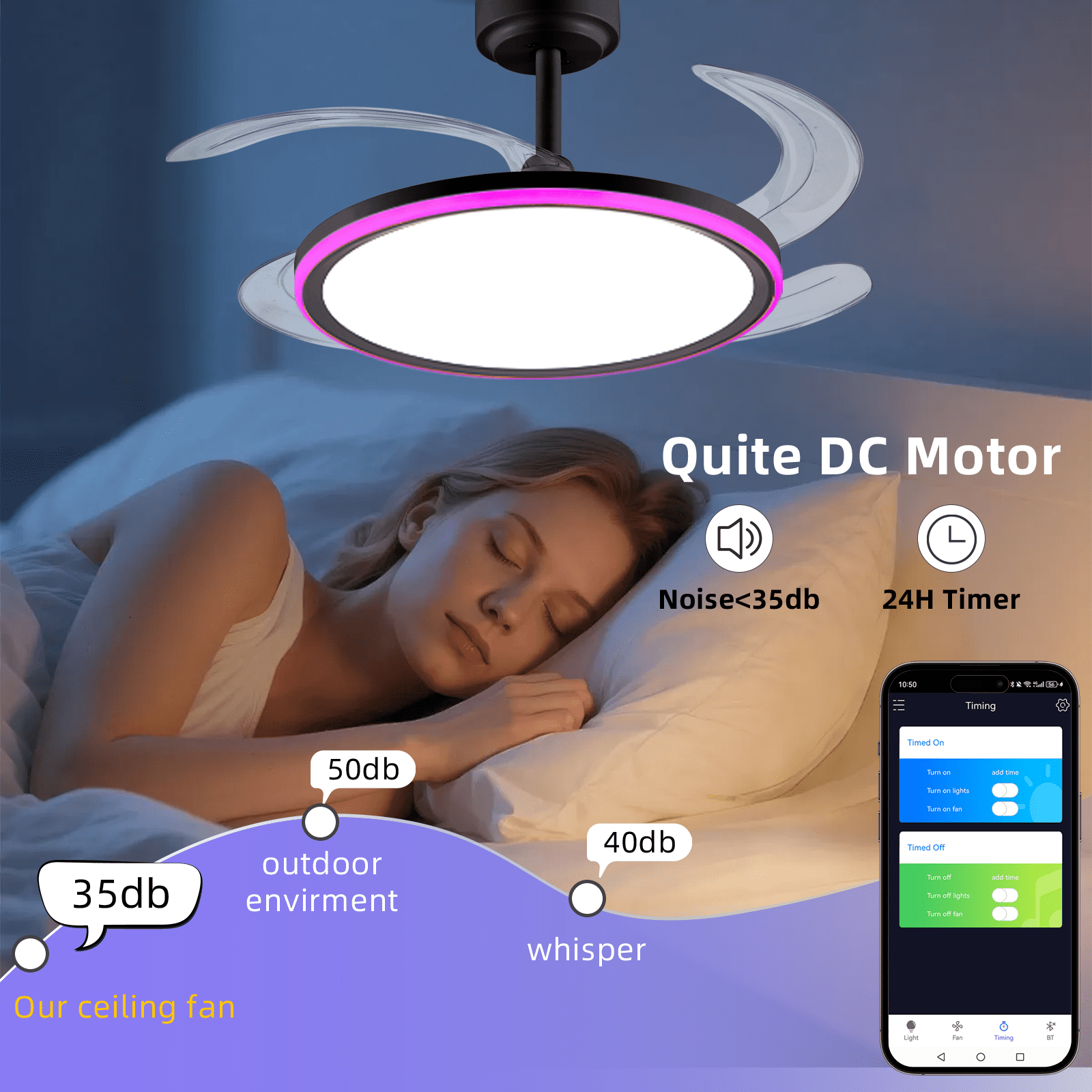 BAYSQUIRREL 42in Slim Retractable Ceiling Fan with RGB Light, Bluetooth Speaker, APP/Remote Control, 6-Speed Reversible, Dimmable Full Spectrum & Memory