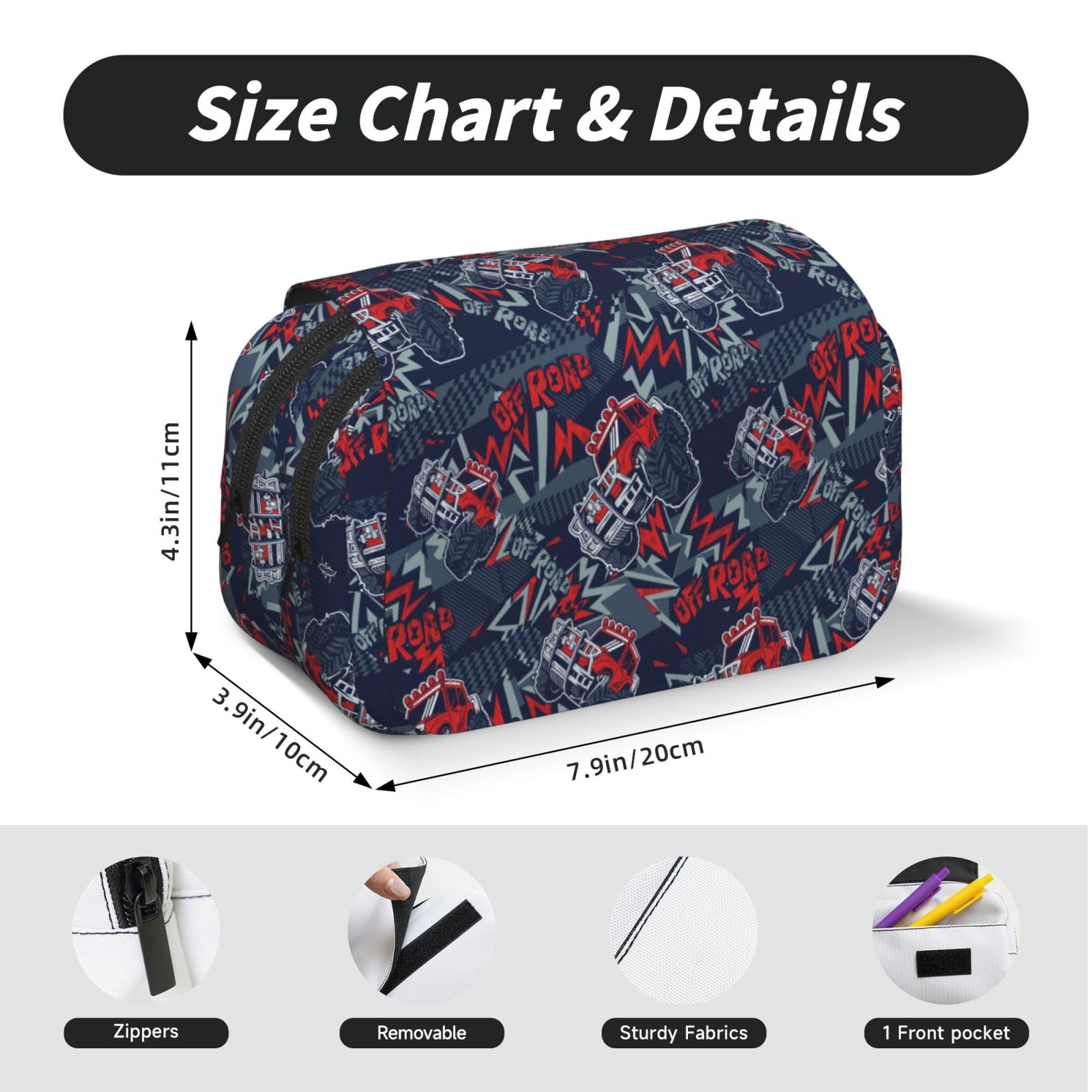Rateoe Cool Red Off-Road Vehicle Pattern Double Clamshell Pen Case, Storage Organizer with Two Zipper Compartments– Holds Up to 50 Pencils & Pens