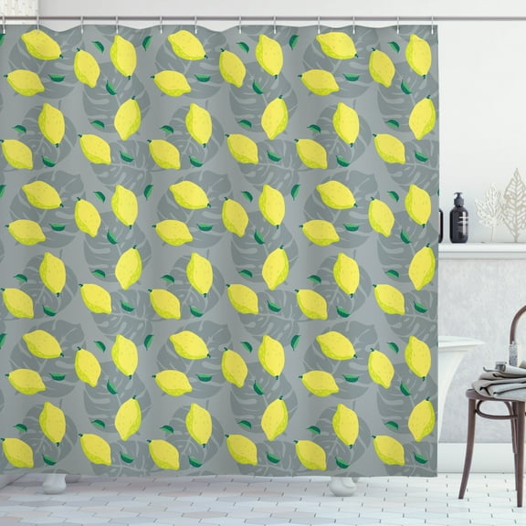 Lemons Shower Curtain, Monstera Deliciosa Leaves with Shaded Color Spread Lemons Figures Pattern, Fabric Bathroom Set with Hooks, 69W X 70L Inches, Grey Yellow Green, by Ambesonne