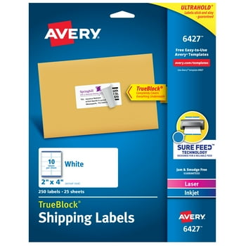 Avery TrueBlock Shipping Labels, White, Sure Feed, Permanent Adhesive, 2" x 4", 250 Labels (6427)