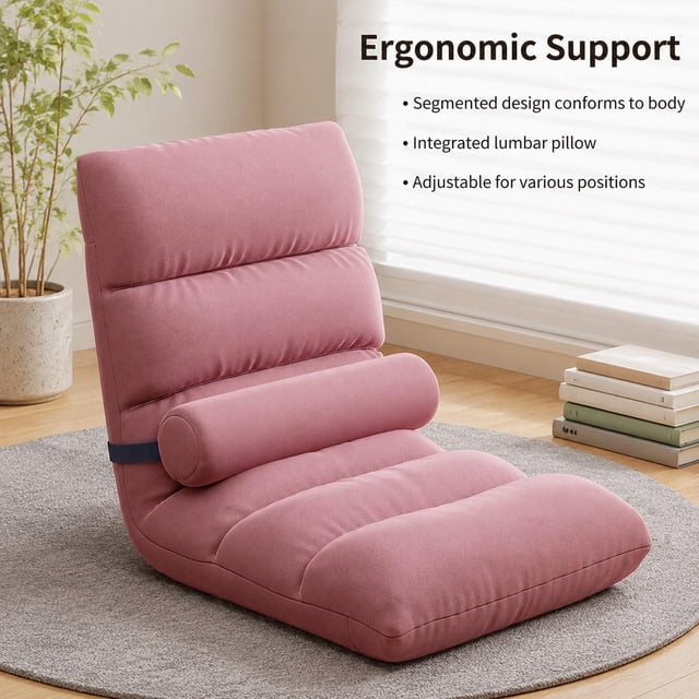 Silla de suelo con respaldo, sillas plegables, silla cómoda y suave para juegos, sala de lectura con sofá reclinable plegable de 5 posiciones. Rosa