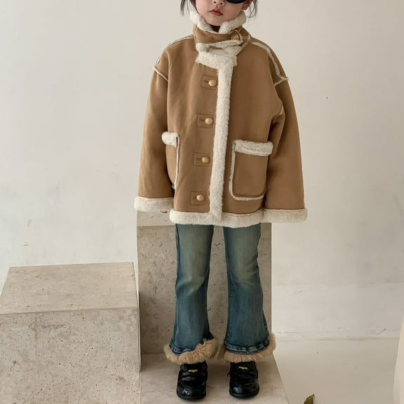 XXWXYD Girls Fau𝗑 Leather Jacket with Fau𝗑 F𝗎r Lined, Winter Thick Warm Parka Coat, Button Up Windproof Outerwear for Kids