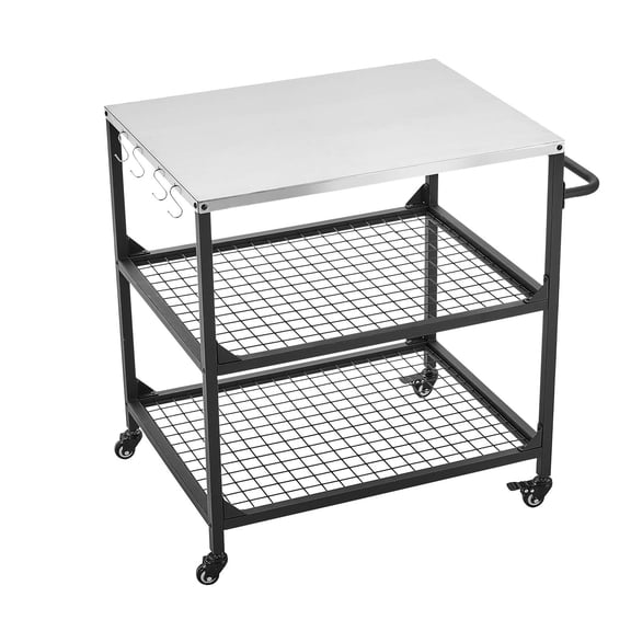 KFFKFF Outdoor Grill Cart, 31.5 x 24.0 inch Stainless Steel Tabletop Grilling Station, Cooking Table with 4 Wheels & Side Handle, Two Mesh Storage Shelves, BBQ Prep Table for Patio and Garden