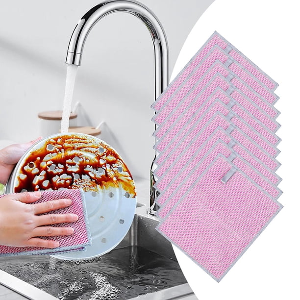 Toallas para limpiar platos de cocina, paño de limpieza de microfibra de malla, almohadillas de fregado, paños de alambre para fregaderos, platos y 10 piezas rosa