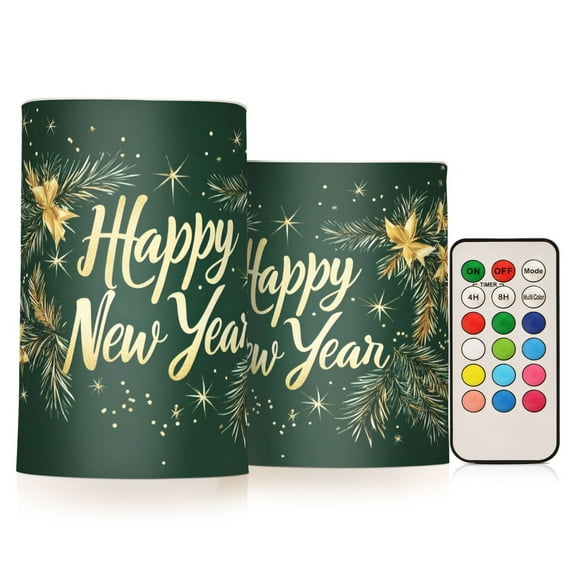 ALAZA Happy New Year 2 PCs LED Flickering Flameless Candles with Remote Timer Battery Operated Candle