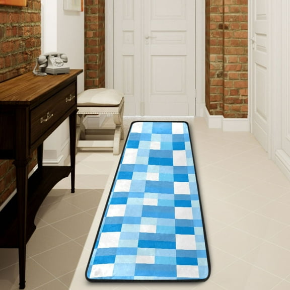 Ryvnso Checkered Blue and White Hallway Runner Rugs Floor Carpet Non Slip Entryway Mat 2' x 6'