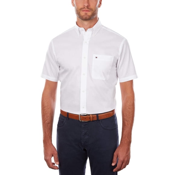 Tommy Hilfiger Chemise à Manches Courtes pour Homme à Boutons, Blanche, Encolure 16,5 Pouces